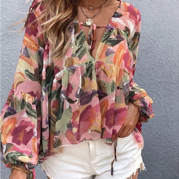 SHEIN Tops - Brush Stroke Tie Front Babydoll Blouse